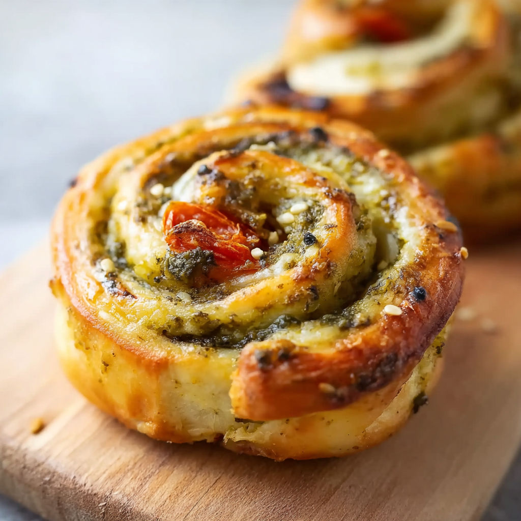 Two Italian pinwheels on a wooden board.