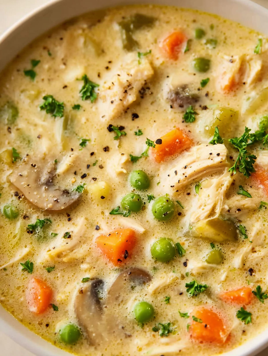 A bowl of chicken pot pie soup.
