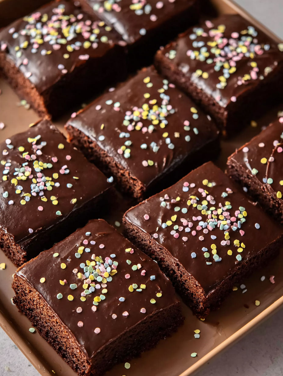 A tray of chocolate cake with sprinkles.
