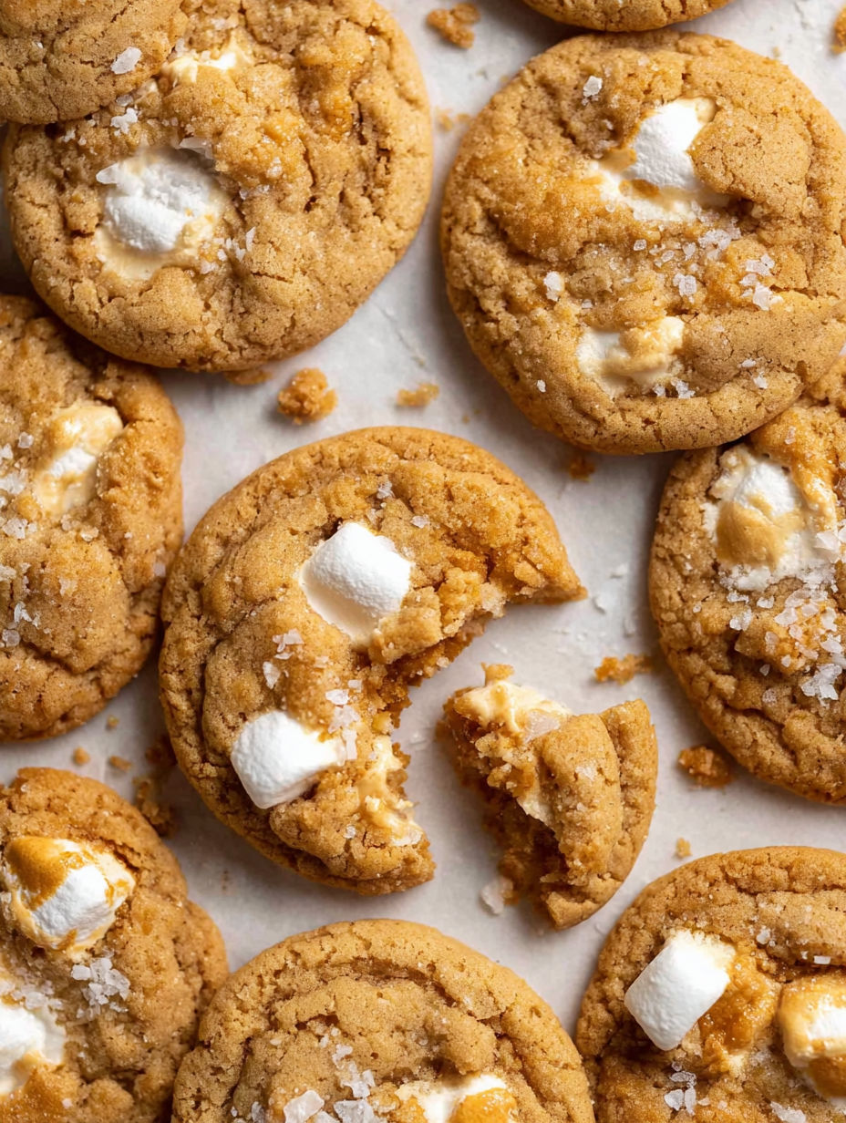 A close up of a cookie with marshmallows and white sugar.