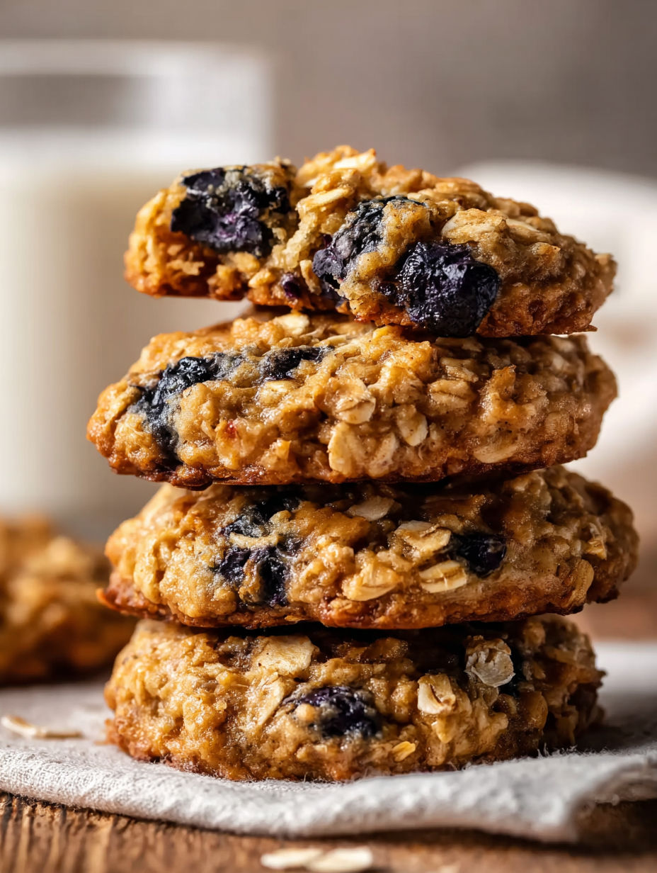 Three stacks of blueberry oatmeal cookies.