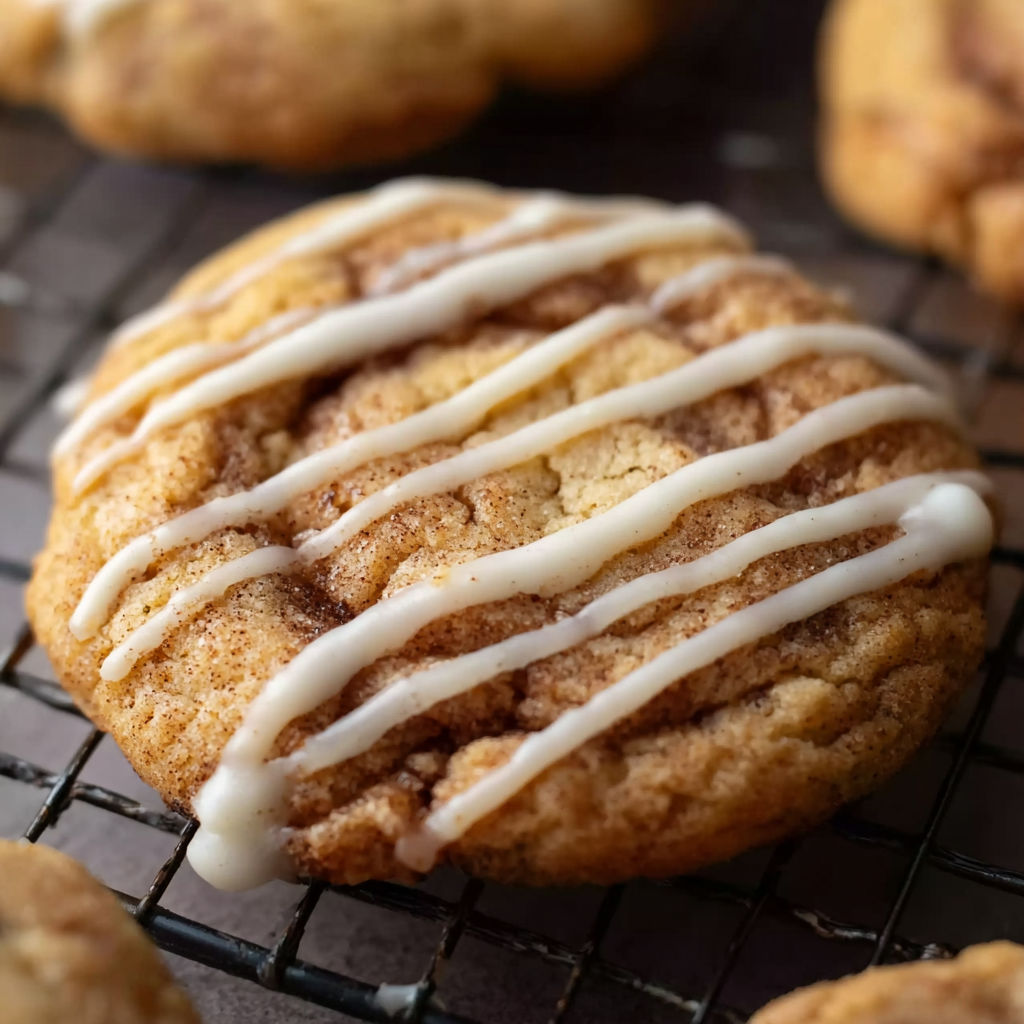 A cinnamon roll cookie with white icing.
