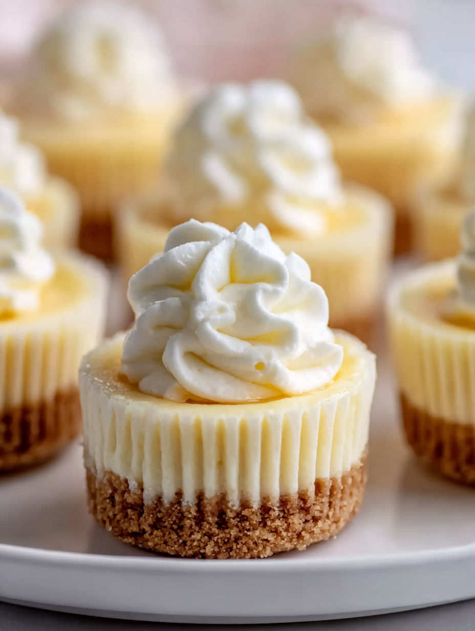 Bite size cheesecake bites with white frosting.