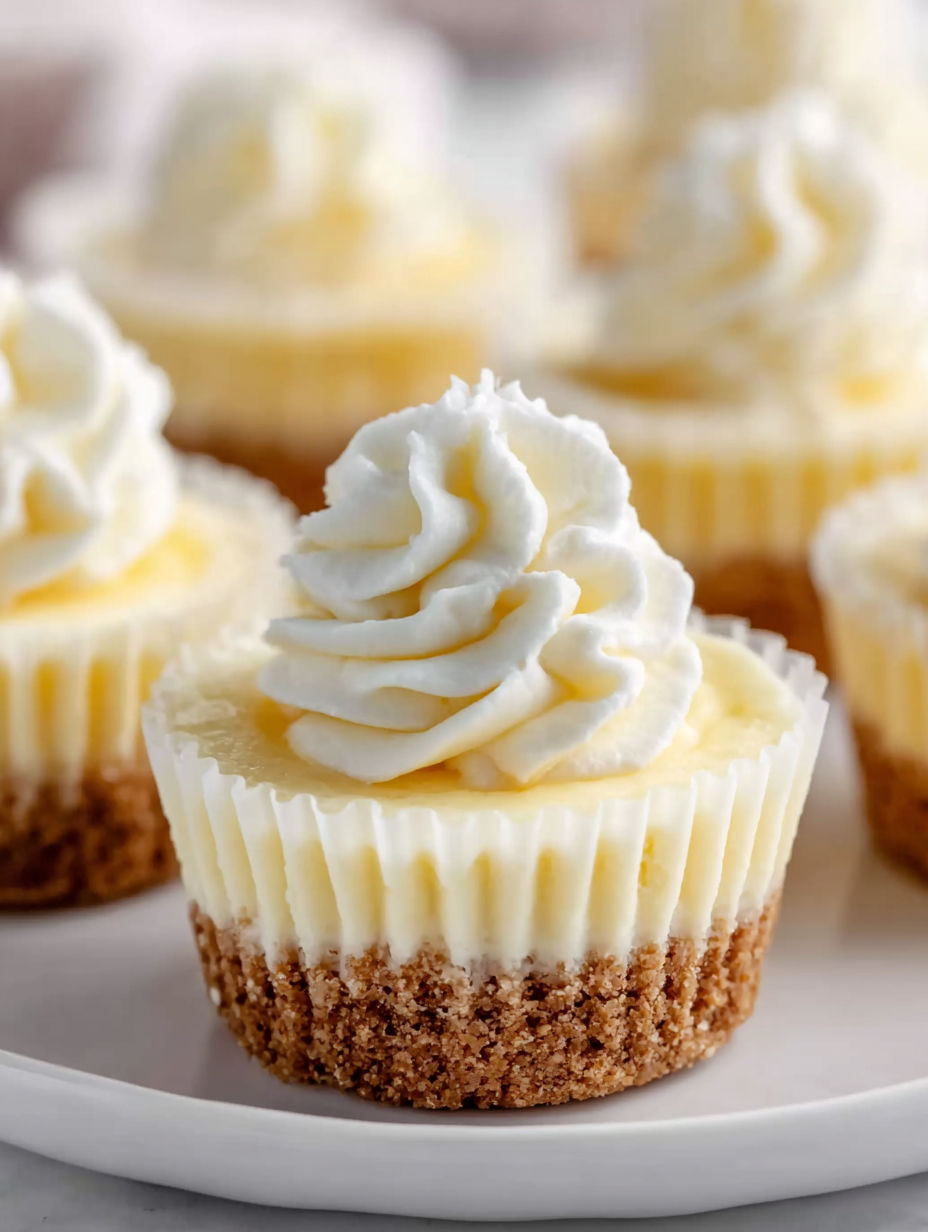 Bite size cheesecake bites with white frosting.