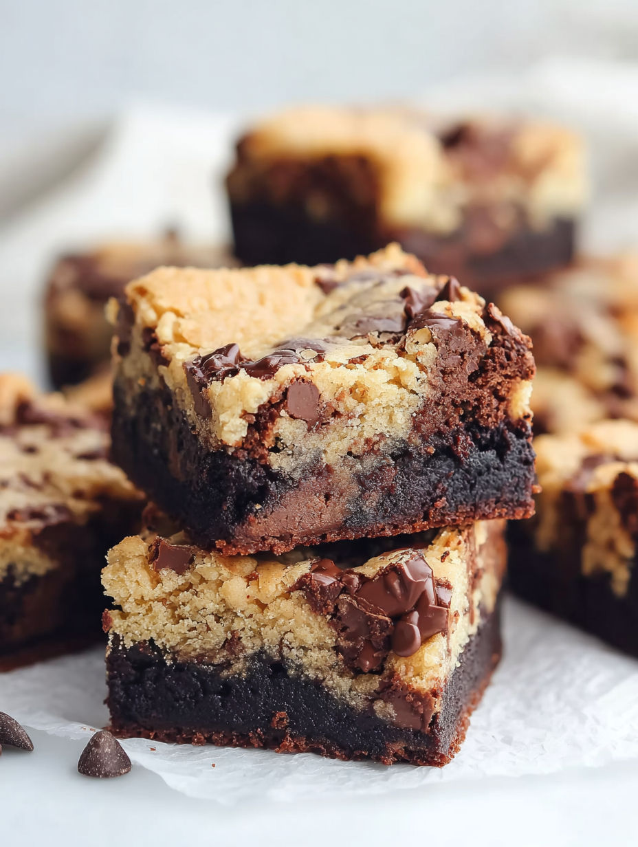 A close up of a chocolate brownie with chocolate chips.