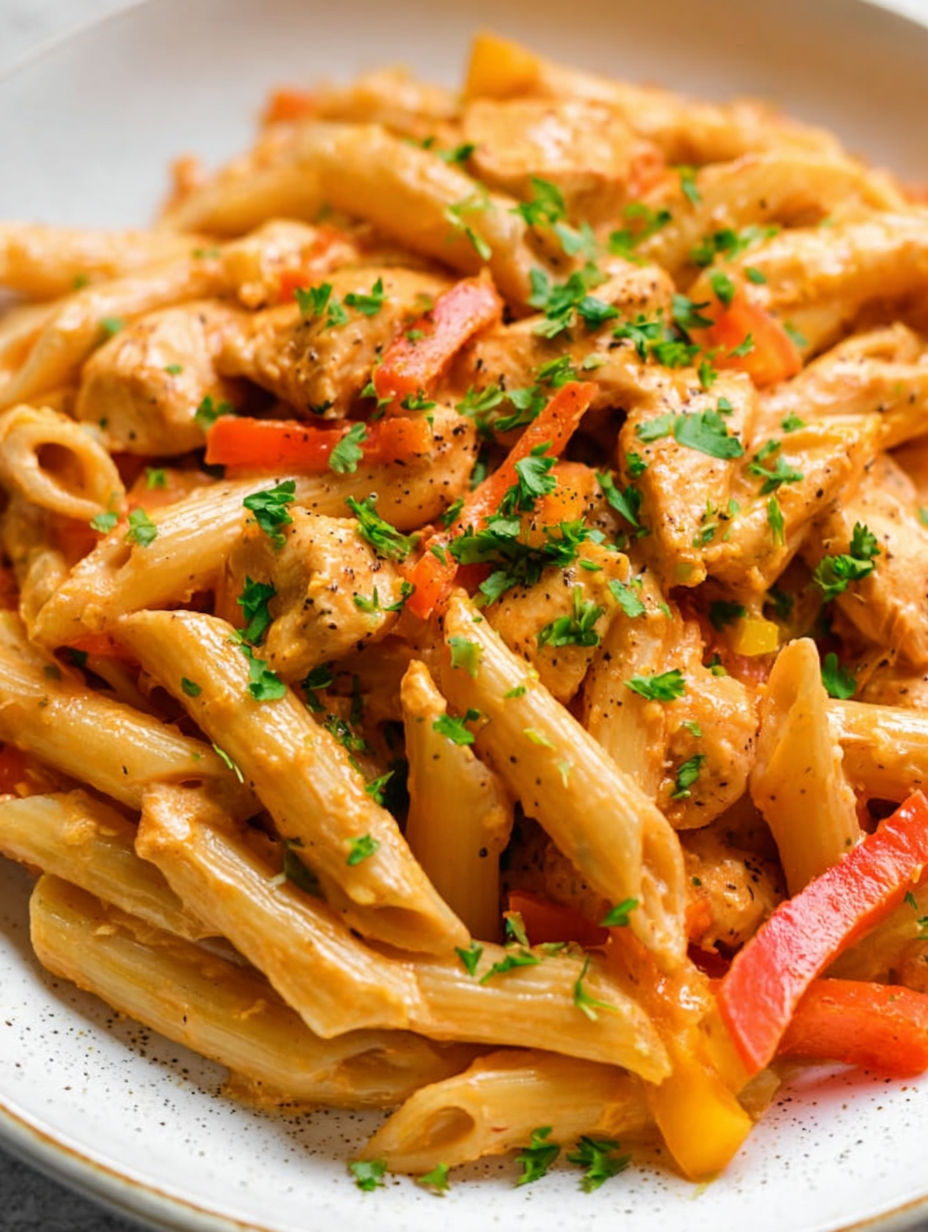 A plate of pasta with chicken and vegetables.