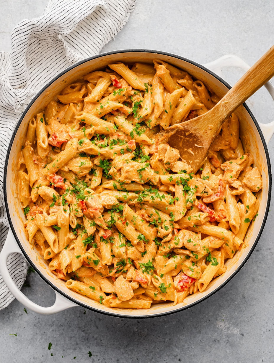 A bowl of pasta with chicken and herbs.
