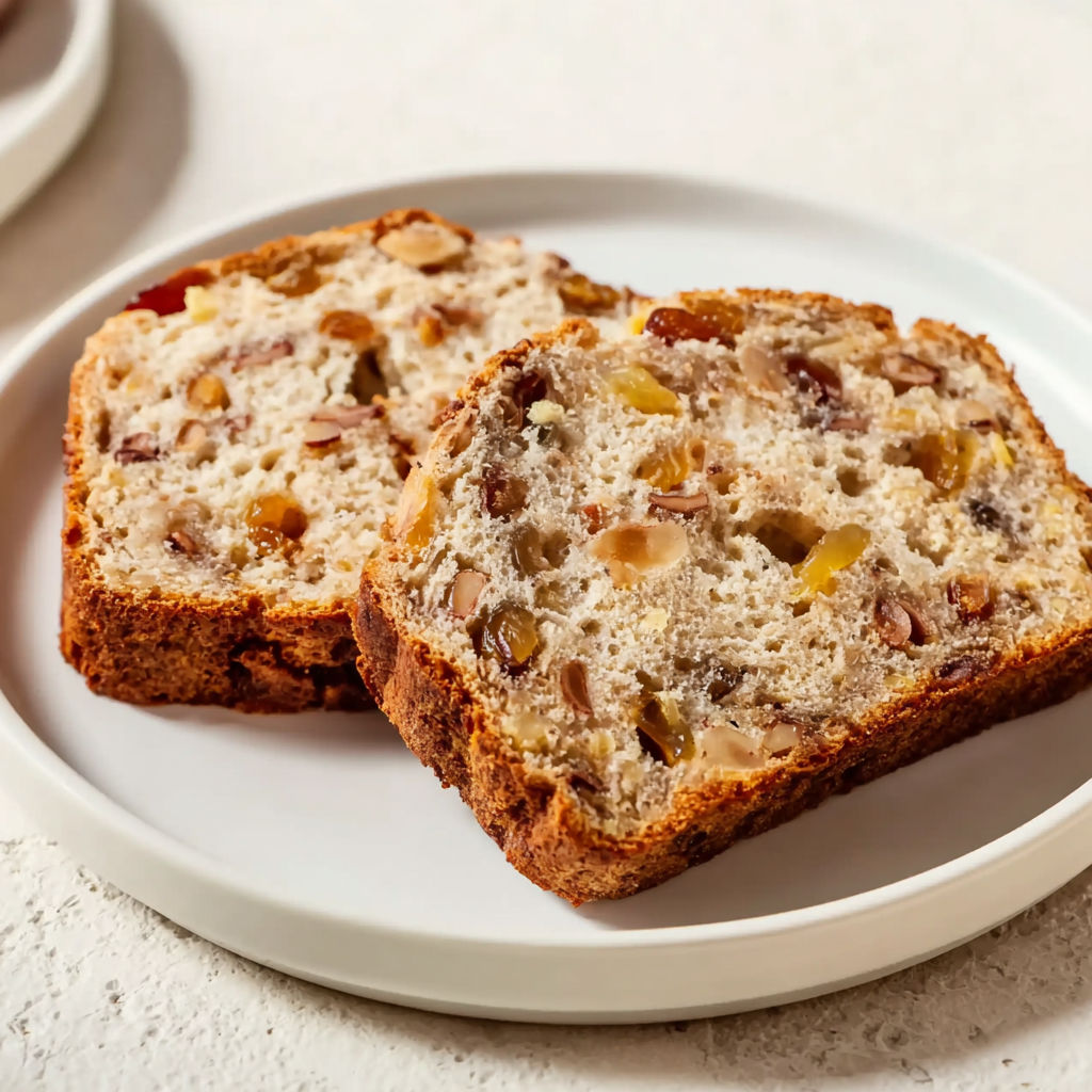 Two slices of peach pecan bread on a white plate.