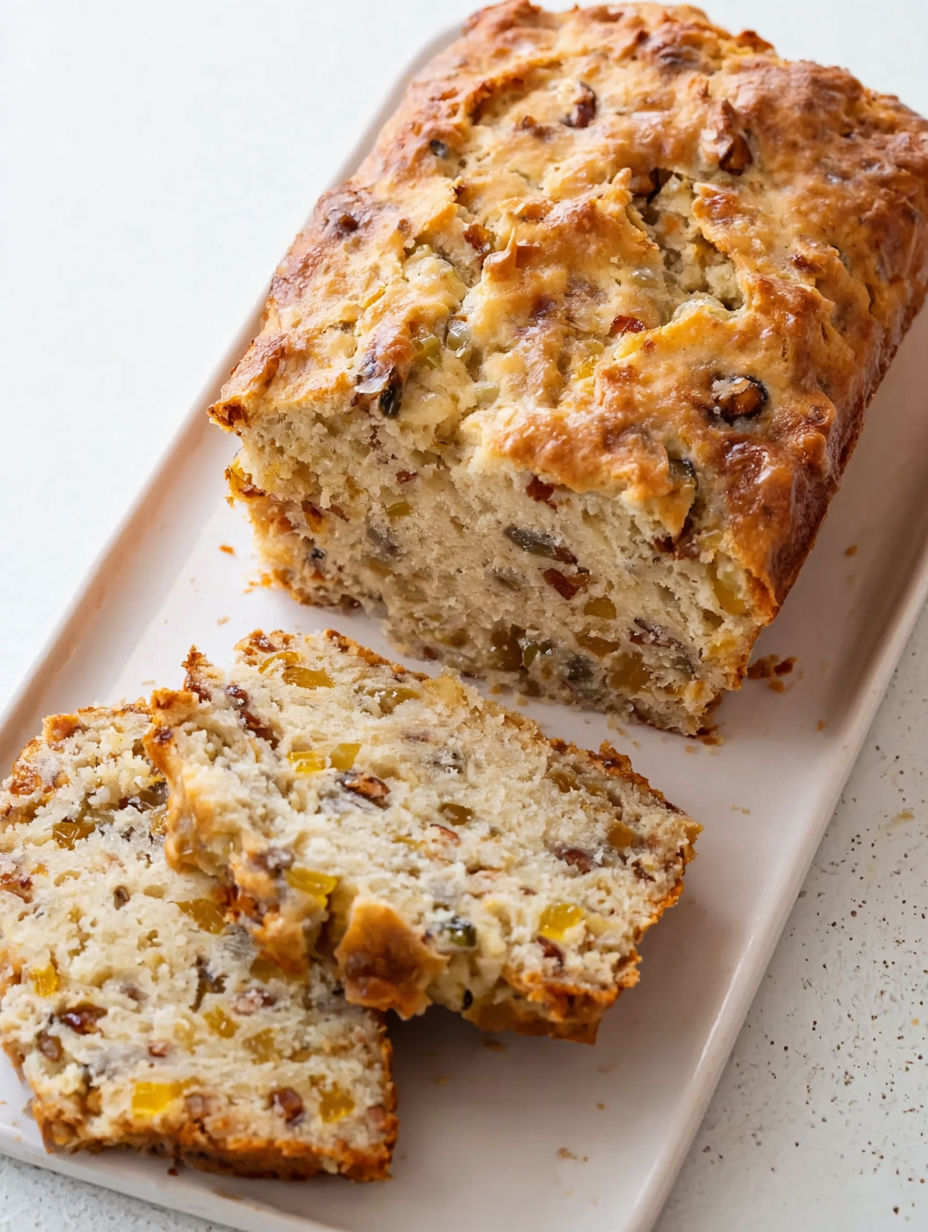A slice of peach pecan bread on a white plate.