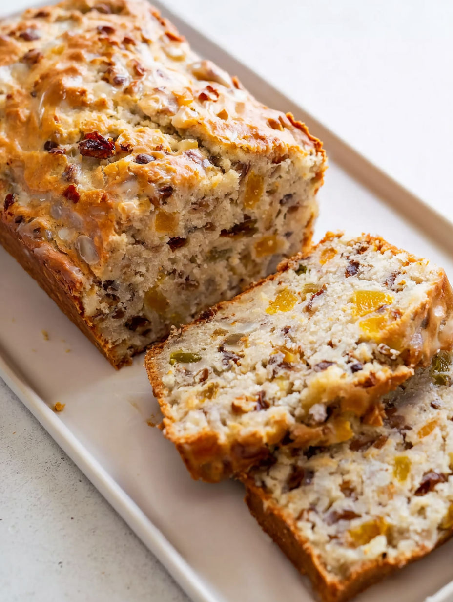 A slice of peach pecan bread.