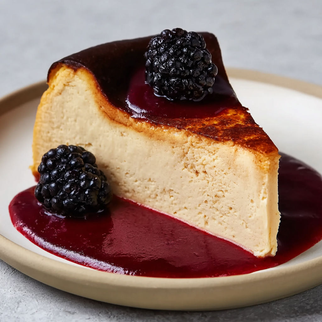 A slice of London Fog Basque Cheesecake with blackberry sauce.