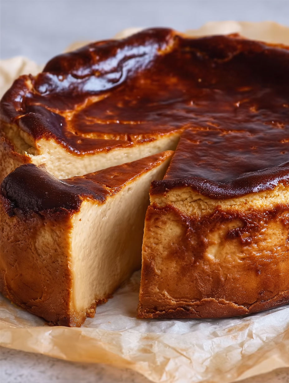 A slice of London Fog Basque Cheesecake with a blackberry sauce.