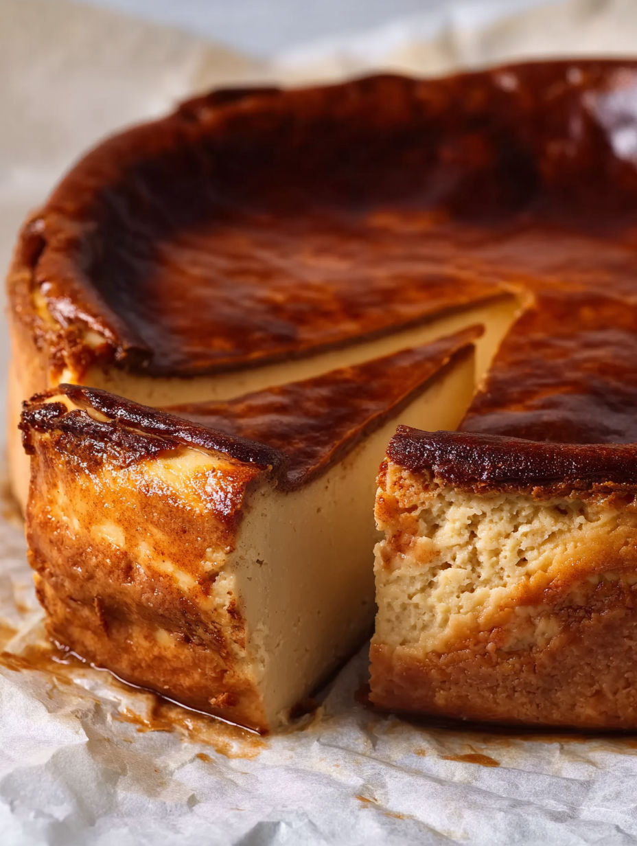 A slice of London Fog Basque Cheesecake with Blackberry Sauce.