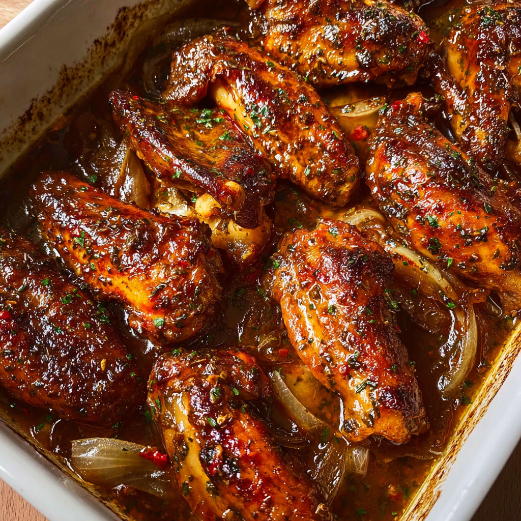 A pan of smothered turkey wings with a spicy sauce.