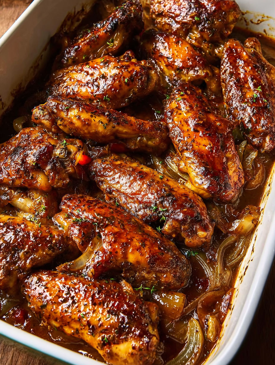 Smothered turkey wings in a spicy sauce.