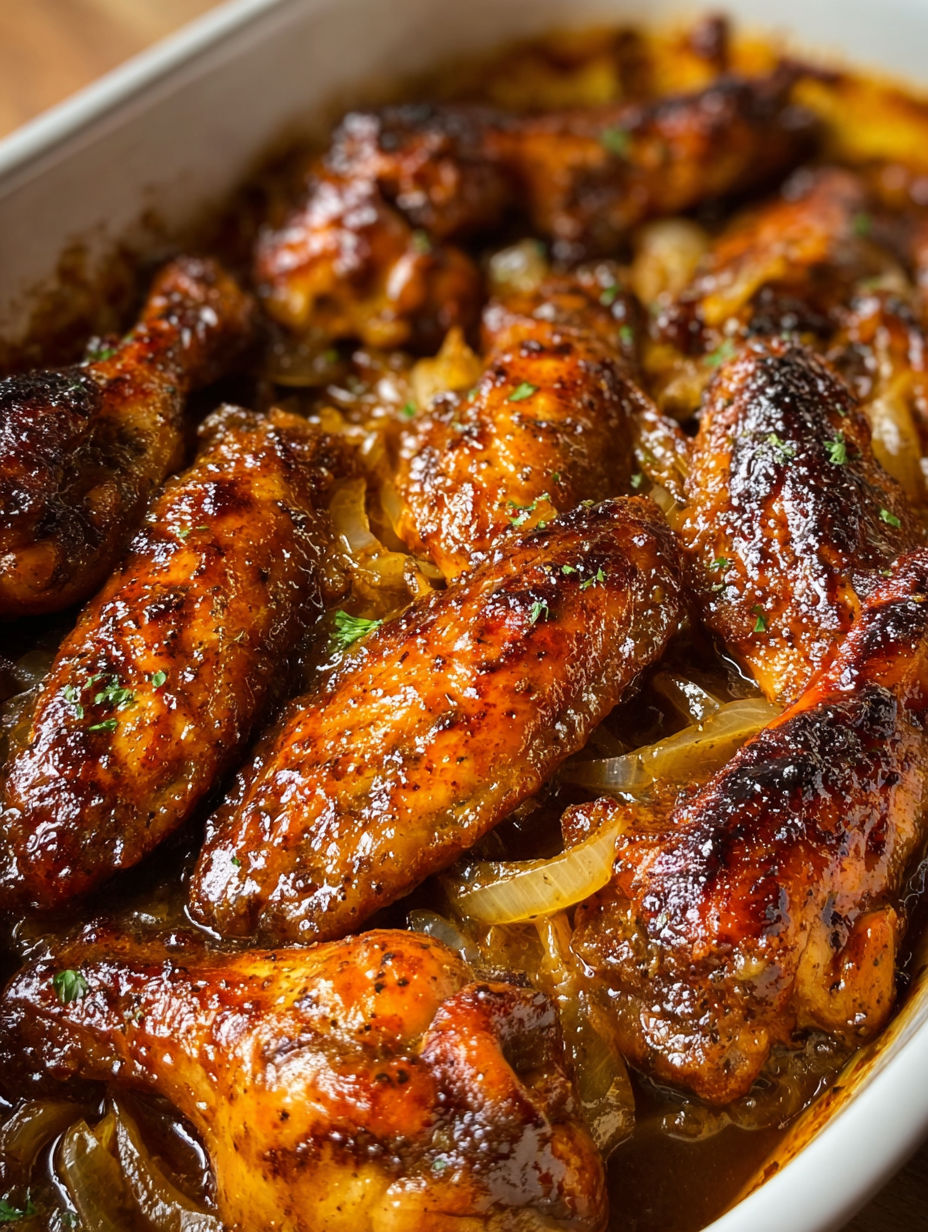 Smothered turkey wings with a spicy sauce.