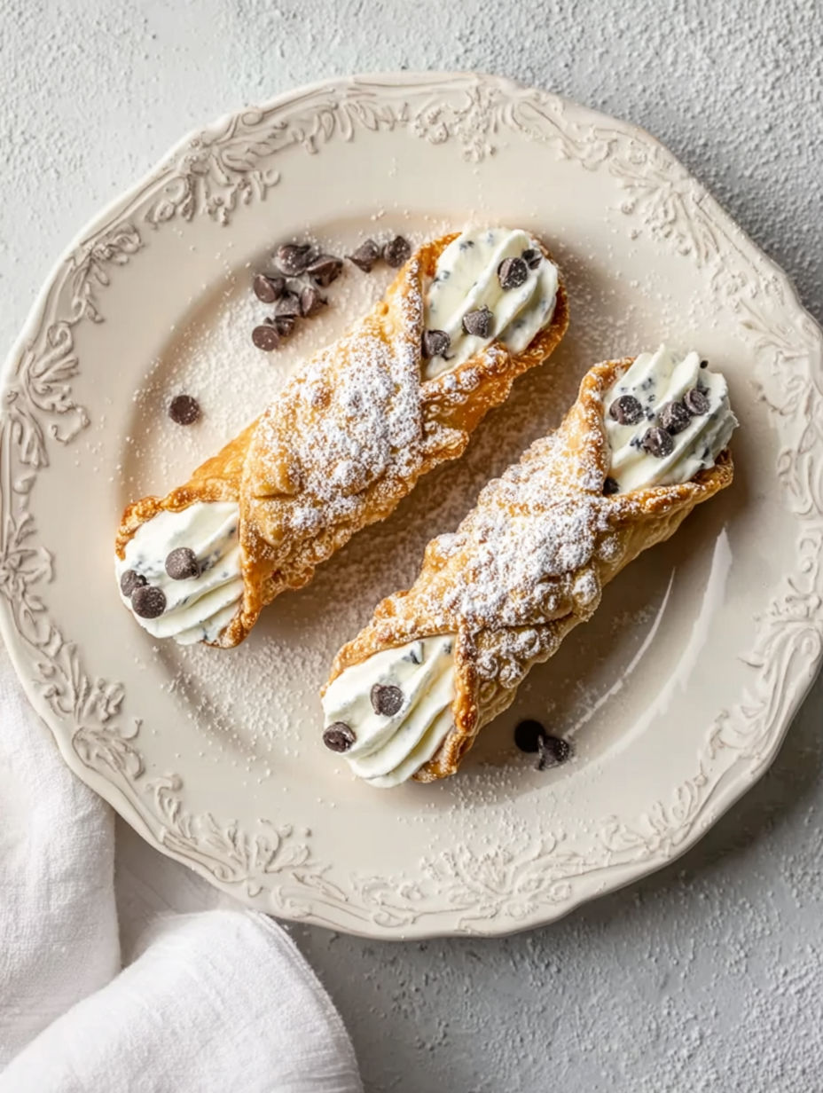 Two cannoli pizzelle with white powdered sugar and chocolate chips.