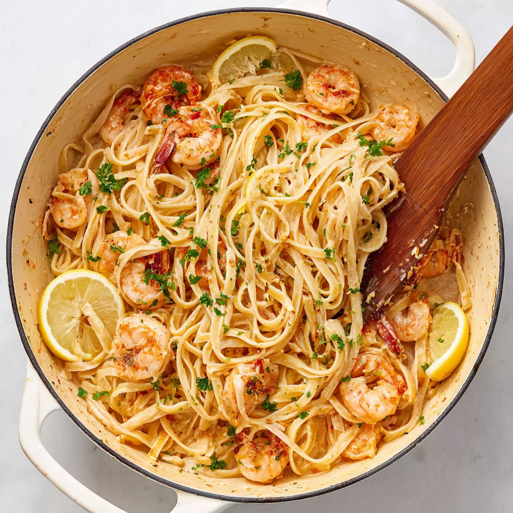 A bowl of shrimp and pasta with a lemon wedge on top.
