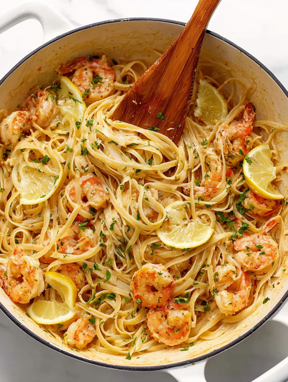 A bowl of shrimp and pasta with lemon wedges on top.