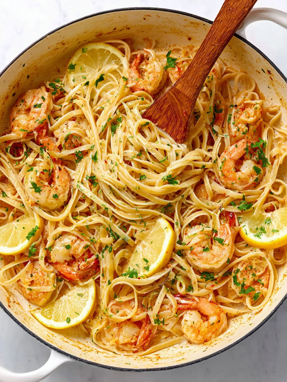 A bowl of shrimp and pasta with lemon wedges on top.