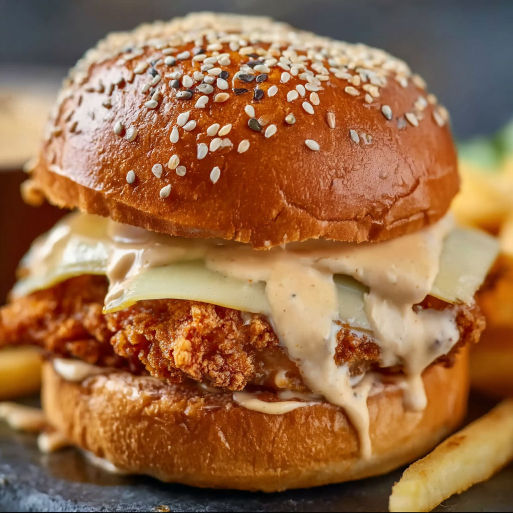 A bang bang chicken slider with cheese and sauce.