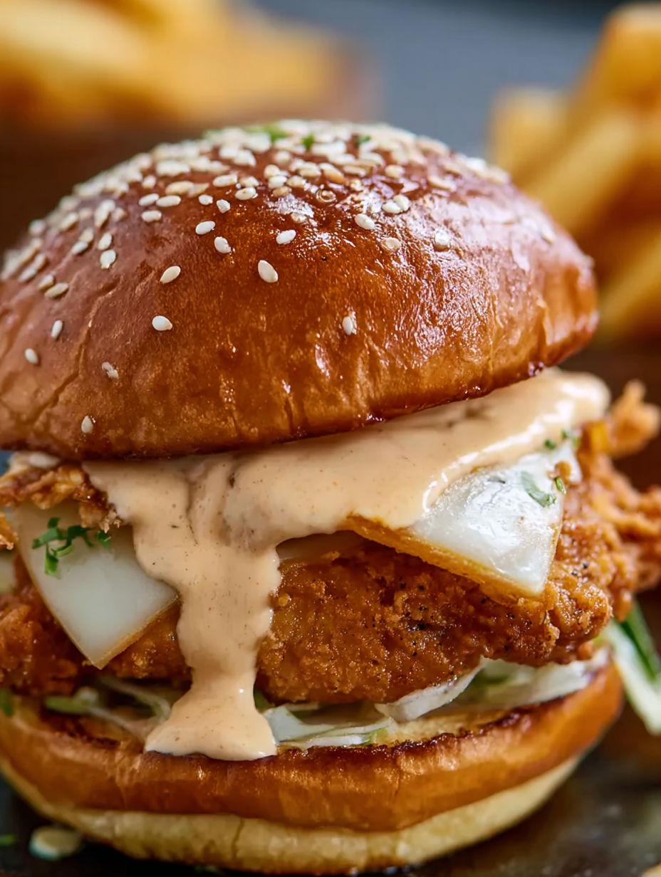 A bang bang chicken slider with sauce dripping off of it.