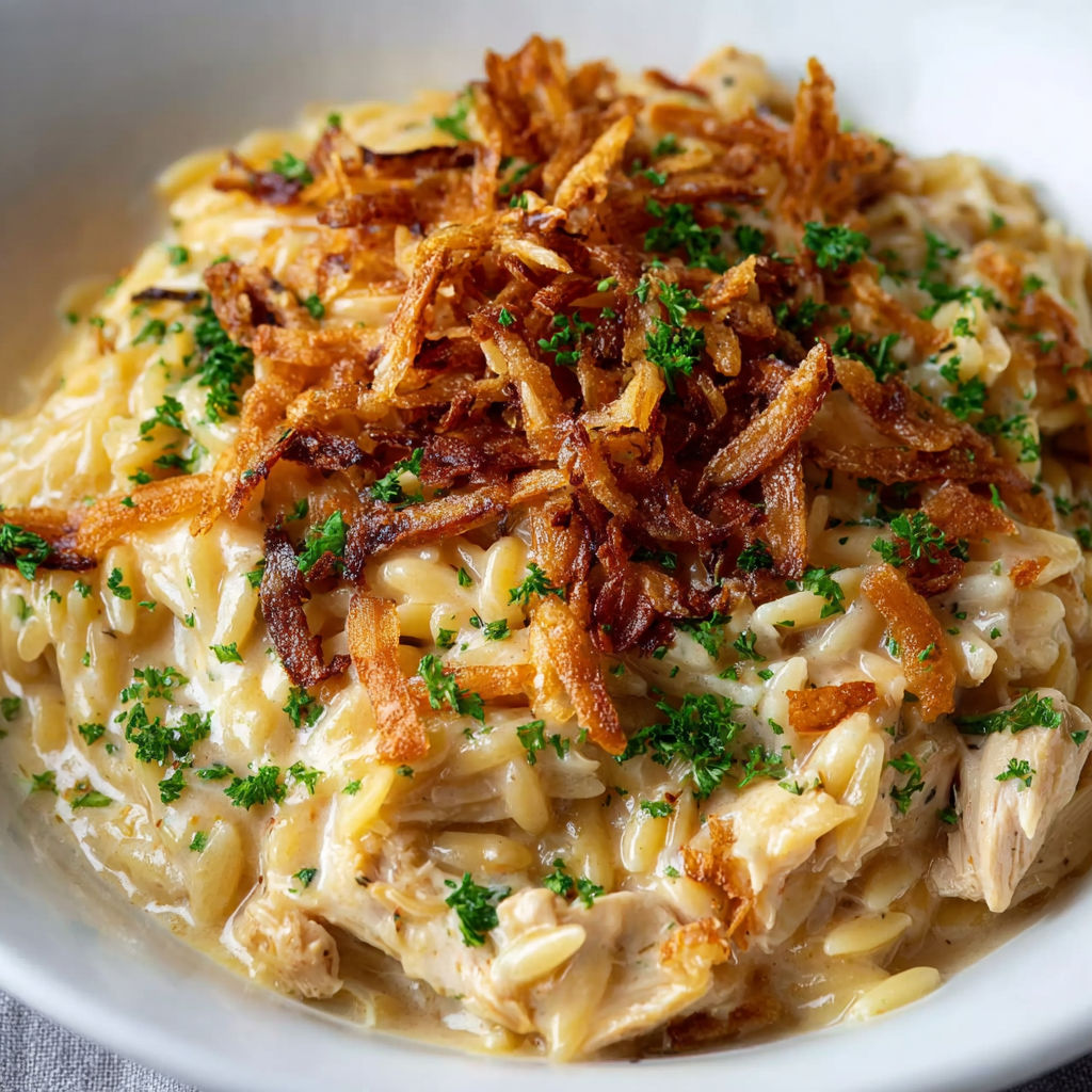 A bowl of French Onion Chicken Orzo Casserole.