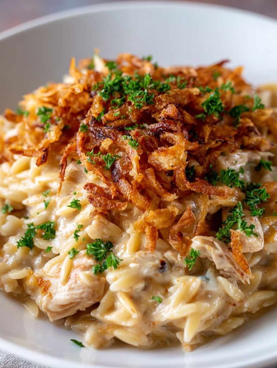 A close up of a French Onion Chicken Orzo Casserole.