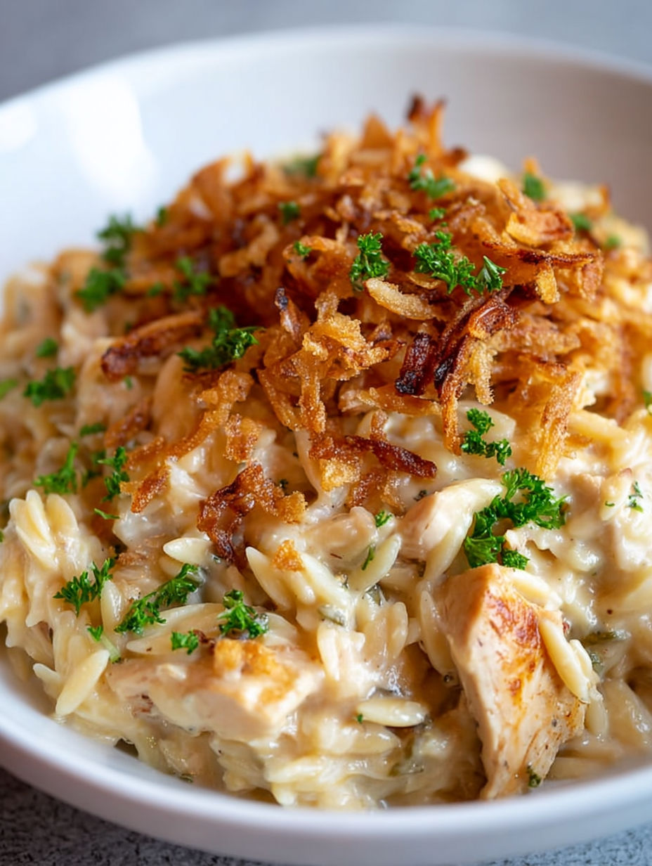 A bowl of French Onion Chicken Orzo Casserole.