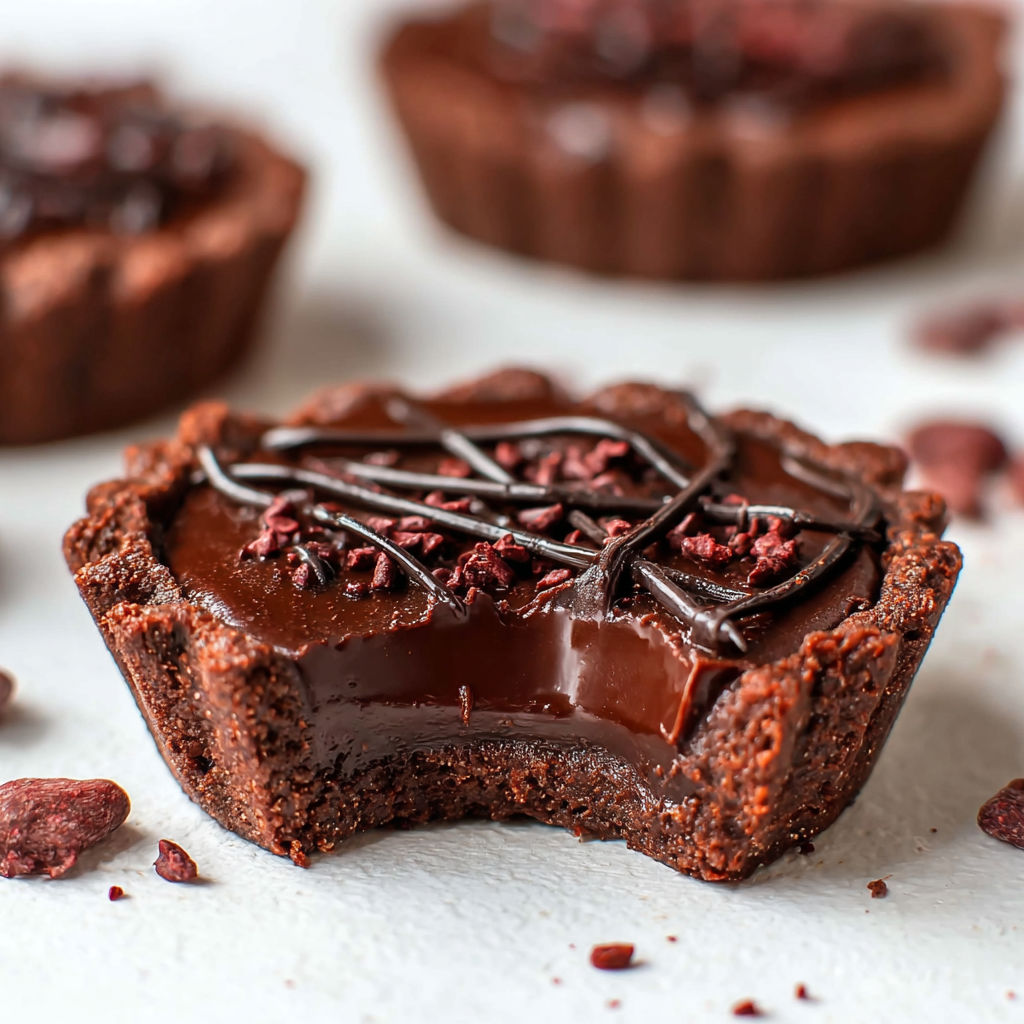 A close up of a chocolate ganache tart.