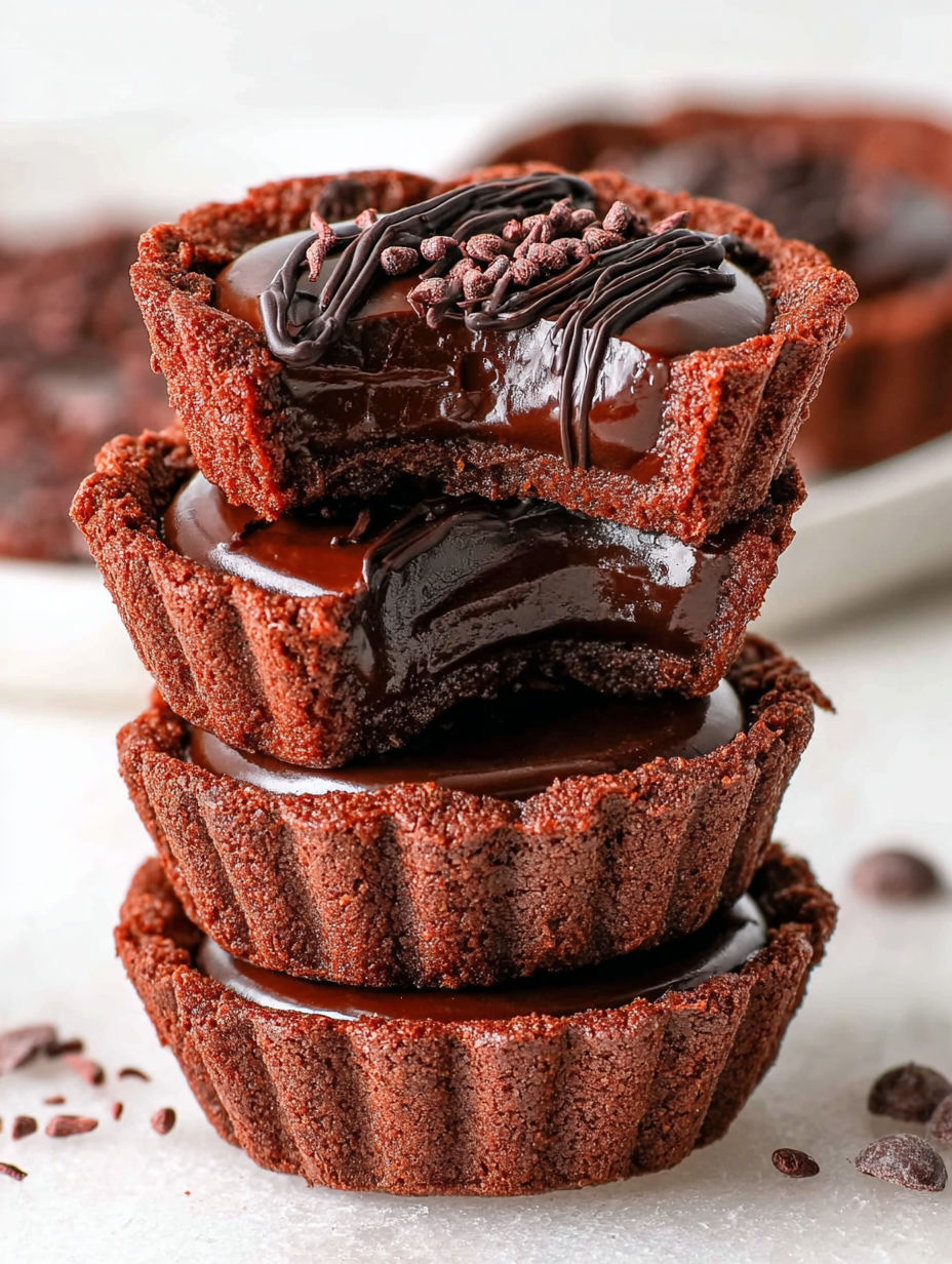 Three stacked chocolate cupcakes with chocolate ganache.