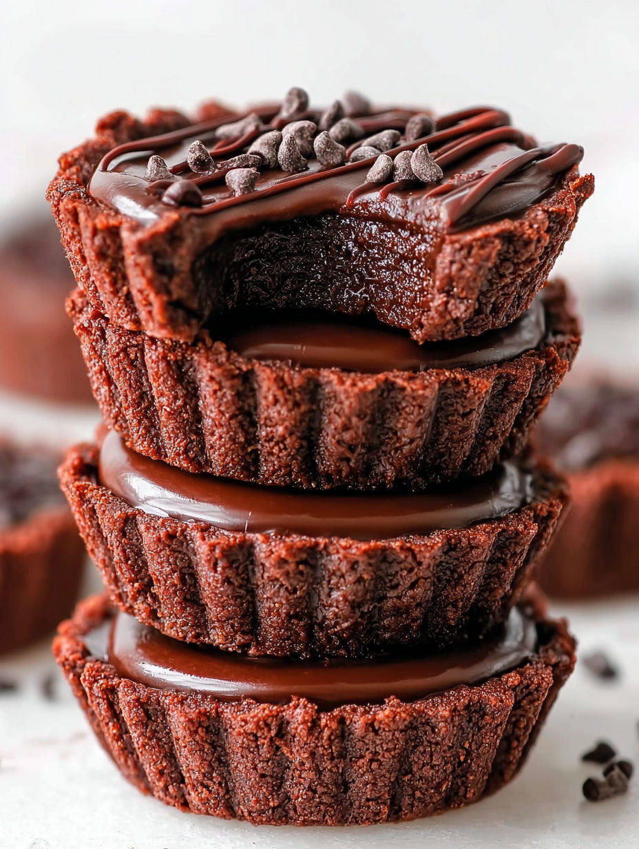 Chocolate ganache tartlets stacked on top of each other.