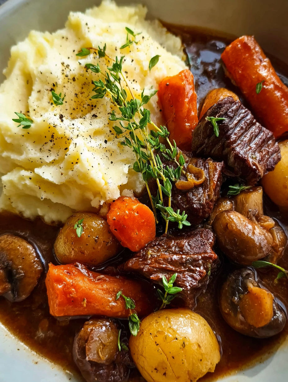A plate of food with meat, potatoes, carrots and mushrooms.