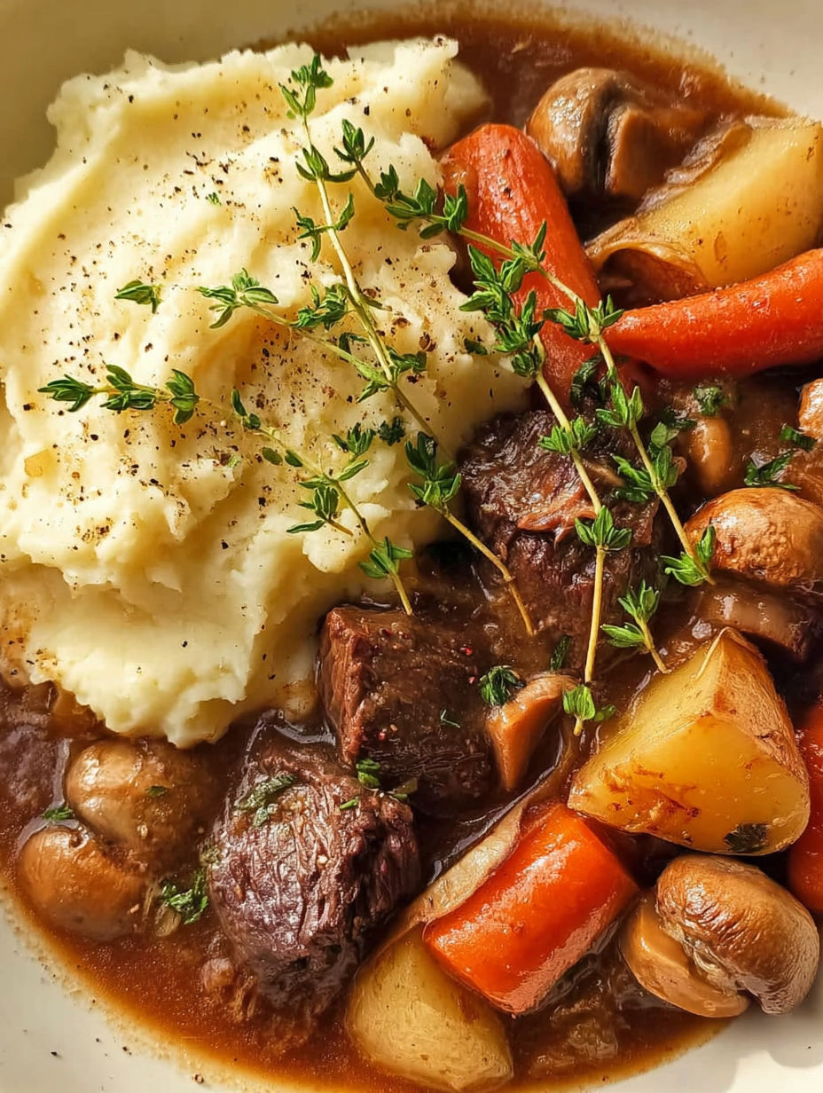 A close up of a plate of food with meat, potatoes, carrots, and mushrooms.