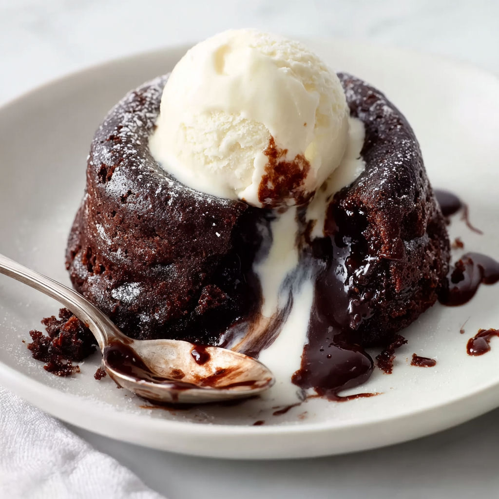 A plate with a chocolate cake and ice cream.