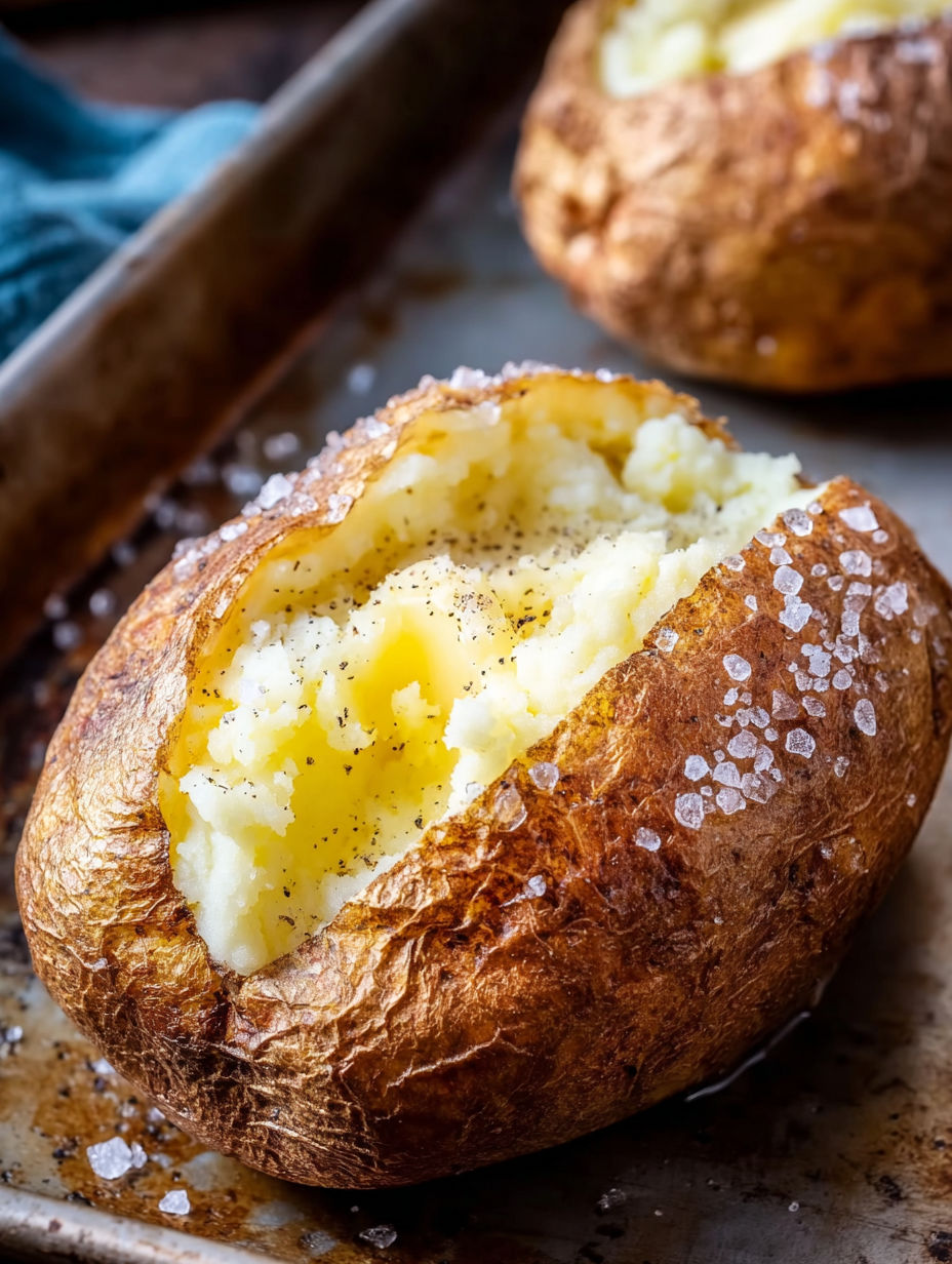 A close up of a baked potato with a hole in the middle.