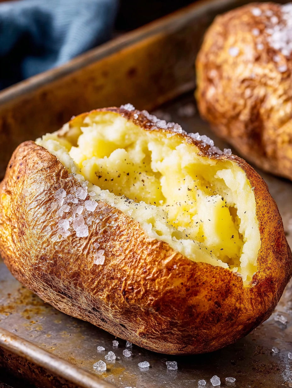 A close up of a baked potato with a hole in it.