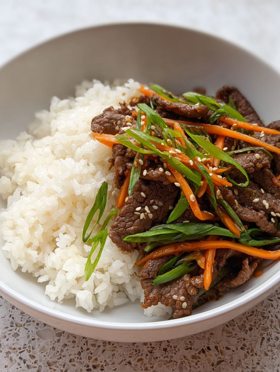 A bowl of beef bulgogi with rice and carrots.