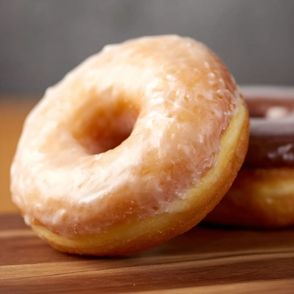 Two donuts on a table.