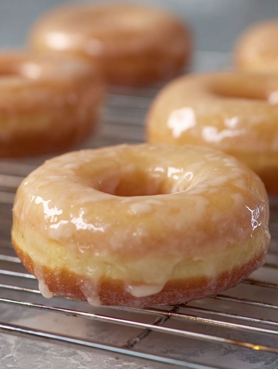 A glazed donut on a cooling rack.