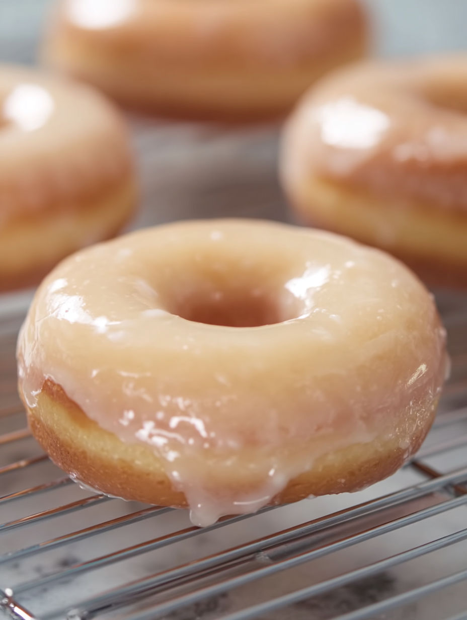A glazed donut on a cooling rack.