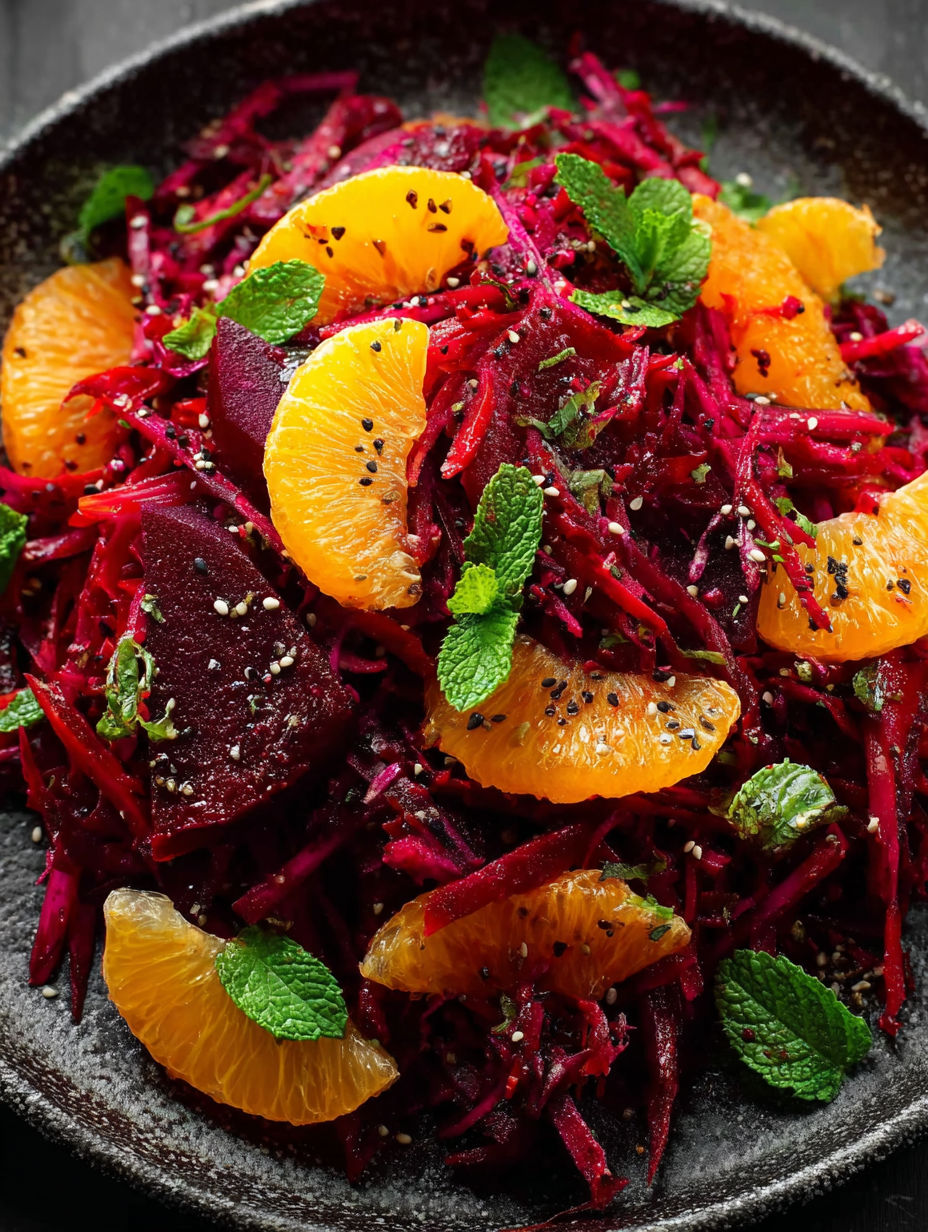 A bowl of beet salad with orange slices and mint.