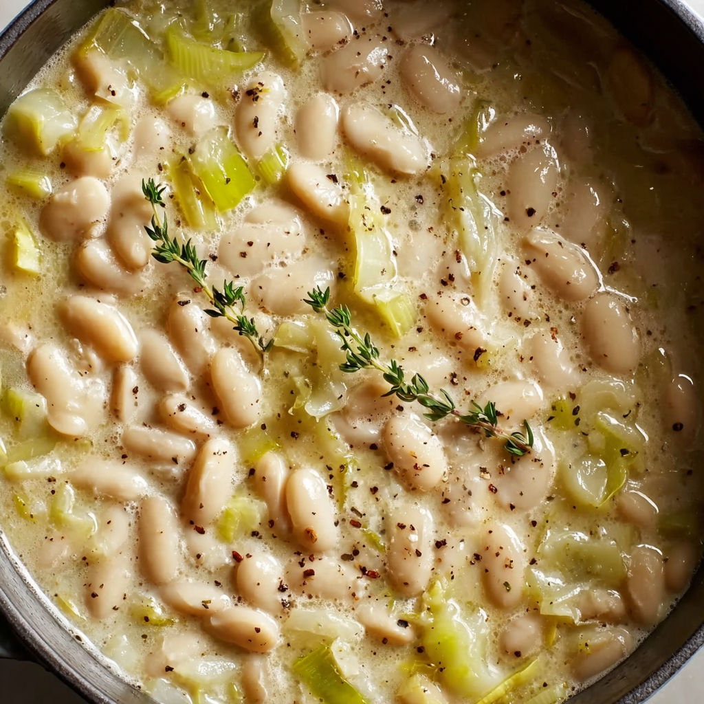 A pot of soup with beans and onions.