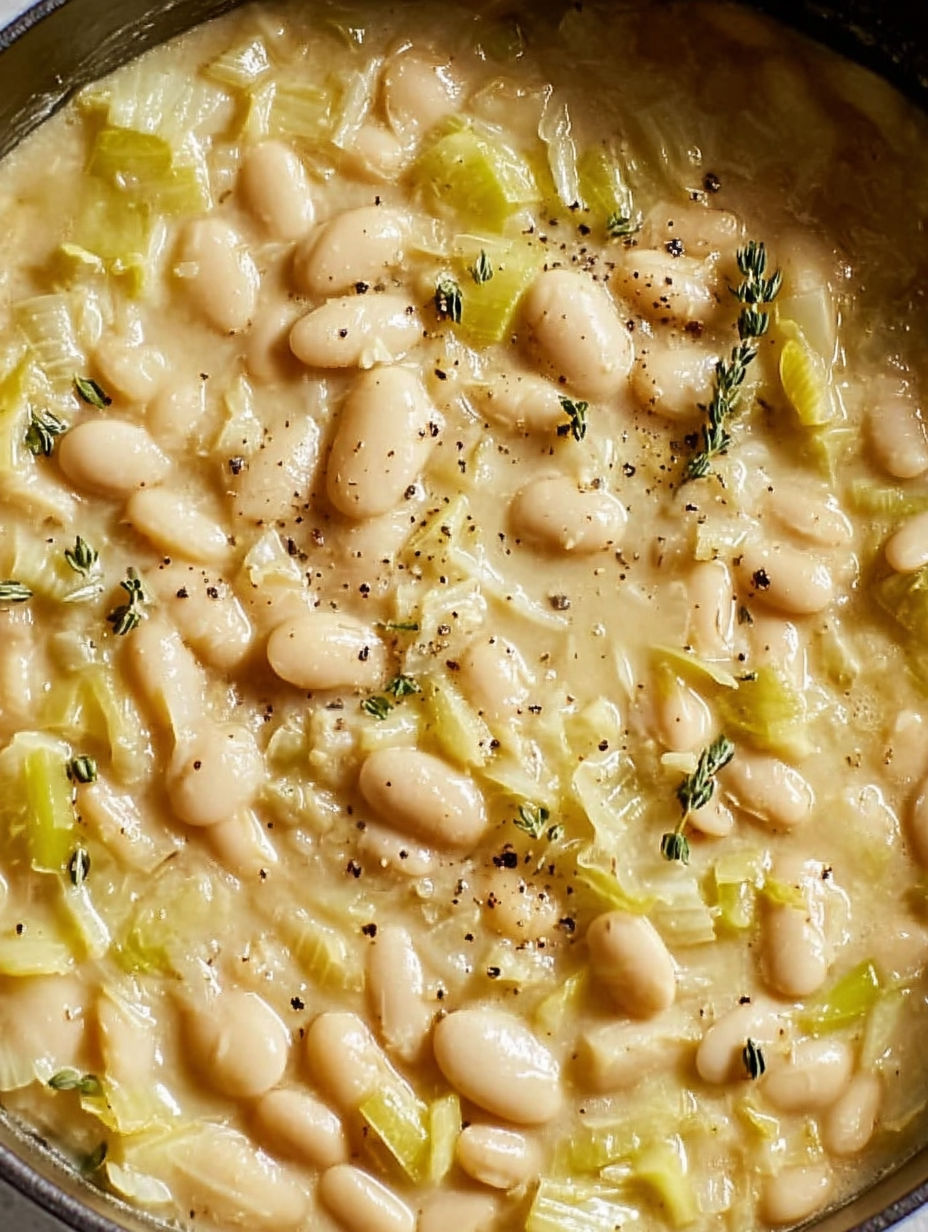 A bowl of beans with a sprig of parsley on top.