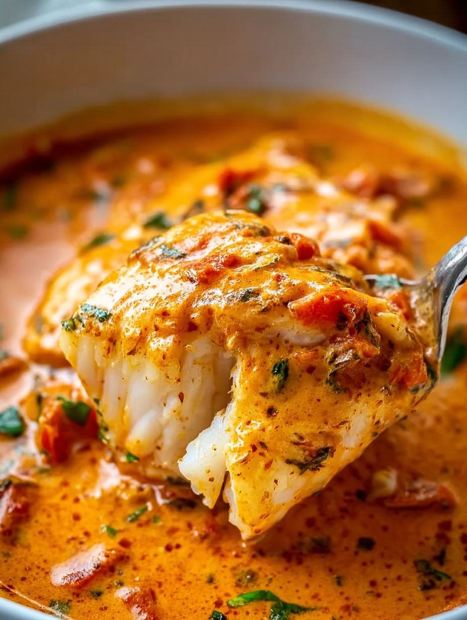 A piece of fish in a red sauce.