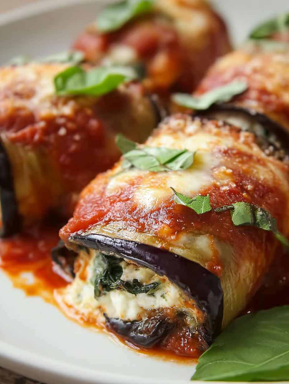 A plate of food with aubergine rolls.