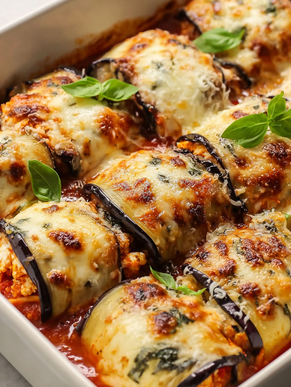 A dish of food with aubergine rolls.