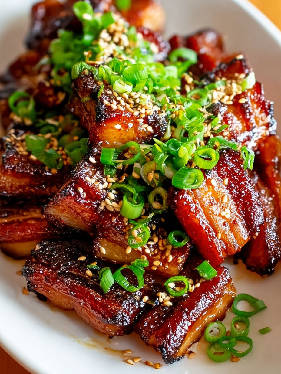 A plate of Korean pork with sesame seeds.