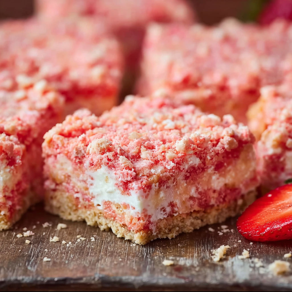 A close up of a piece of strawberry crunch brownies.