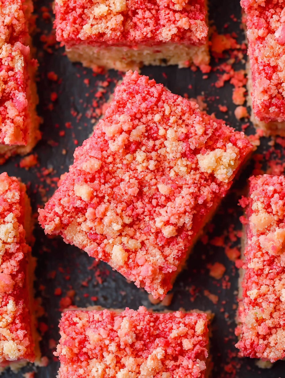 A piece of strawberry crunch brownies.
